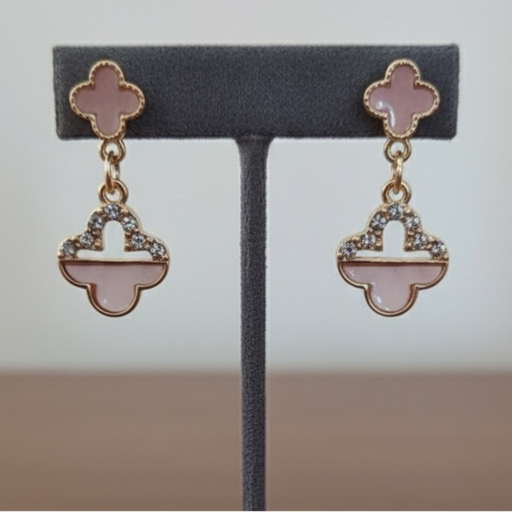 Beautiful Fashion Pink and Gold Clover Drop Earrings